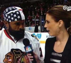 Susannah Collins and Mr. T during a "shoot The Puck" segment earlier this year. (CSN)
